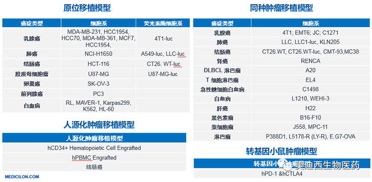 J9集团原位移植模型、同种肿瘤移植模型、人源化肿瘤移植模型和转基因幼鼠肿瘤模型清单