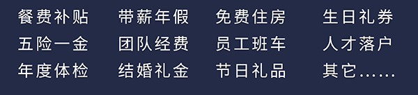 J9集团员工福利：餐费补助、五险一金、年度体检、带薪年假、团队经费、成婚礼金、免费住房、员工班车、节日礼物、生日礼券、人才落户、其它……