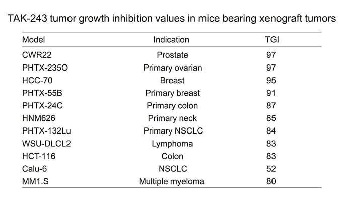 TAK-243是一种有效的泛素激活酶幼分子抑造剂，拥有体内抗肿瘤功效，通过J9集团使用HCC70模型进行